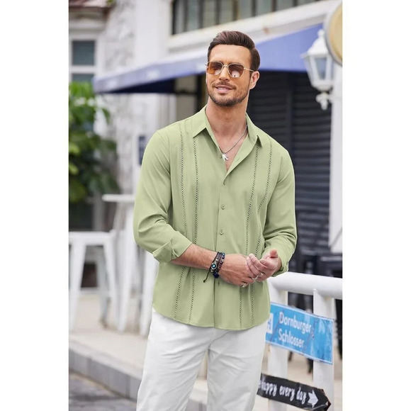 ❤️Mens Green Cuban Shirt Casual Button  Down Shirts Long Sleeve Beach Shirts - Picture 2 of 5